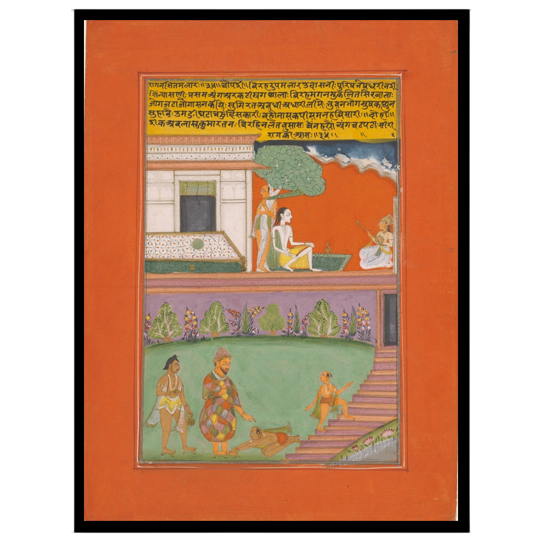 Immerse yourself in the intricate world of Ragamala art with this captivating scene of a nobleman for kitchen
