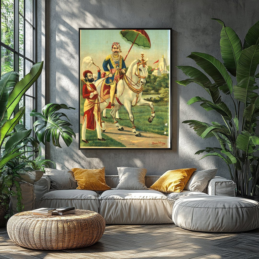 This exquisite artwork captures the regal elegance of a noble warrior riding a majestic white for Balcony