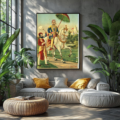 This exquisite artwork captures the regal elegance of a noble warrior riding a majestic white for Balcony