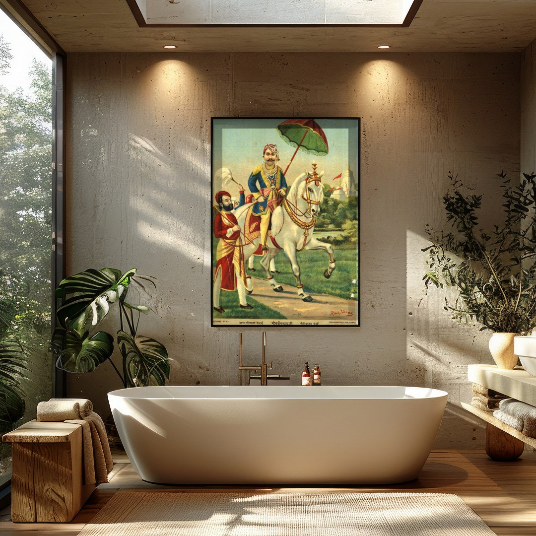 This exquisite artwork captures the regal elegance of a noble warrior riding a majestic white for Bathroom