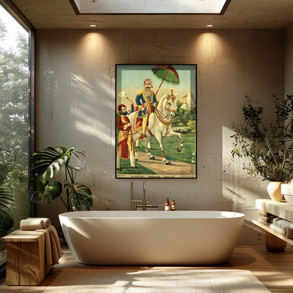 This exquisite artwork captures the regal elegance of a noble warrior riding a majestic white for Bathroom
