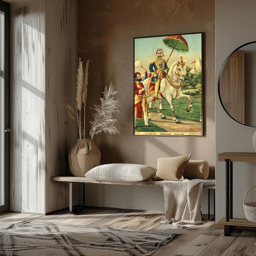 This exquisite artwork captures the regal elegance of a noble warrior riding a majestic white for decor