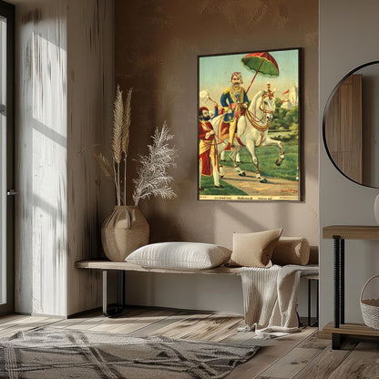 This exquisite artwork captures the regal elegance of a noble warrior riding a majestic white for decor