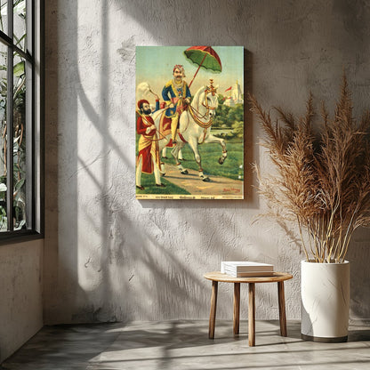 This exquisite artwork captures the regal elegance of a noble warrior riding a majestic white for Entrance