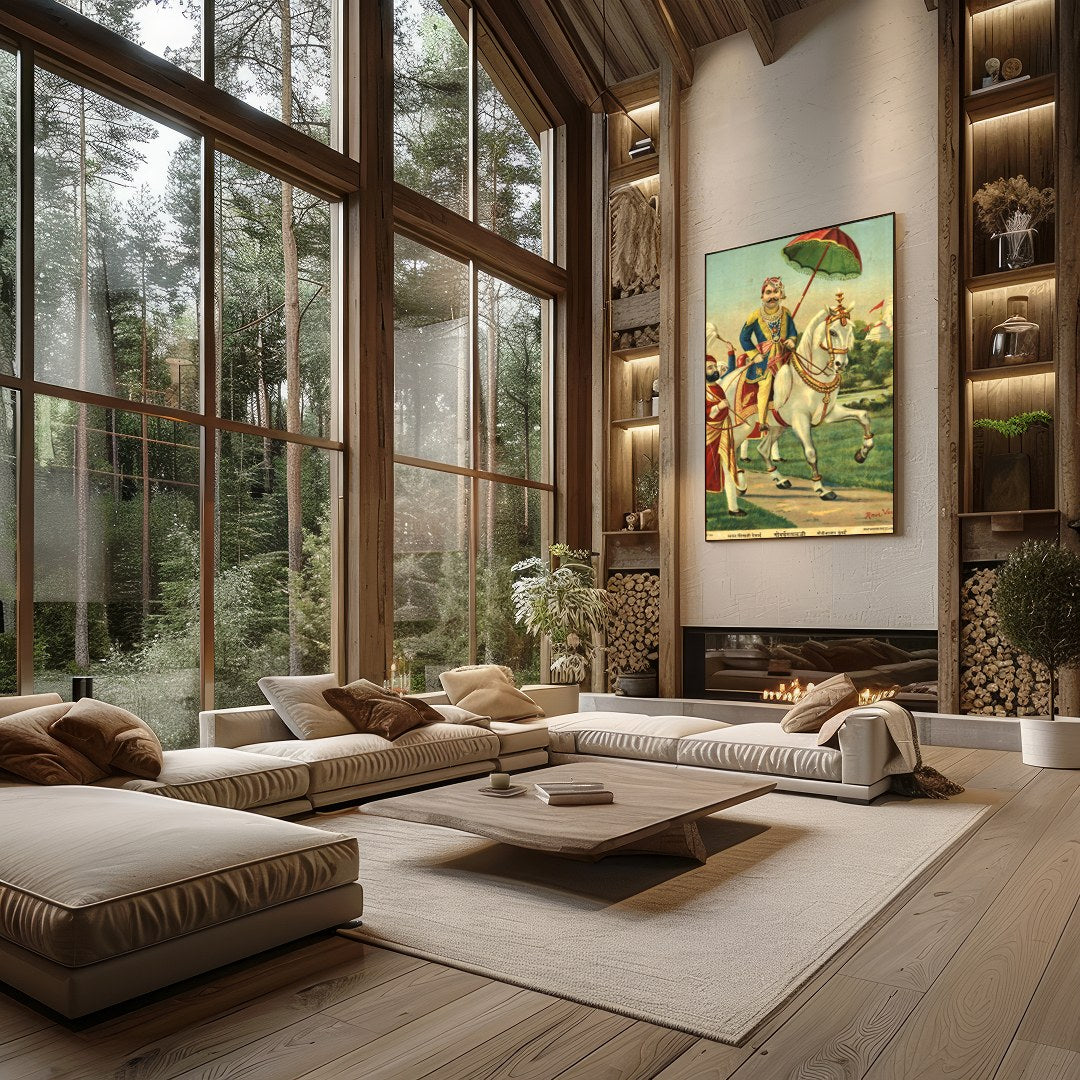 This exquisite artwork captures the regal elegance of a noble warrior riding a majestic white for Living Room