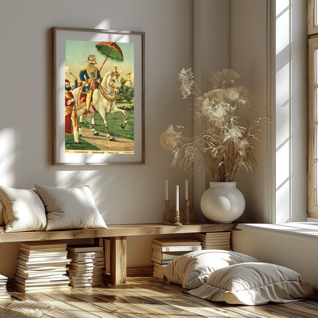 This exquisite artwork captures the regal elegance of a noble warrior riding a majestic white for lovely-house
