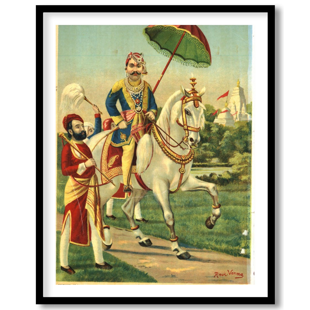 This exquisite artwork captures the regal elegance of a noble warrior riding a majestic white for place
