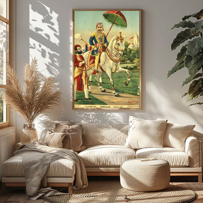 This exquisite artwork captures the regal elegance of a noble warrior riding a majestic white for Sitting Area
