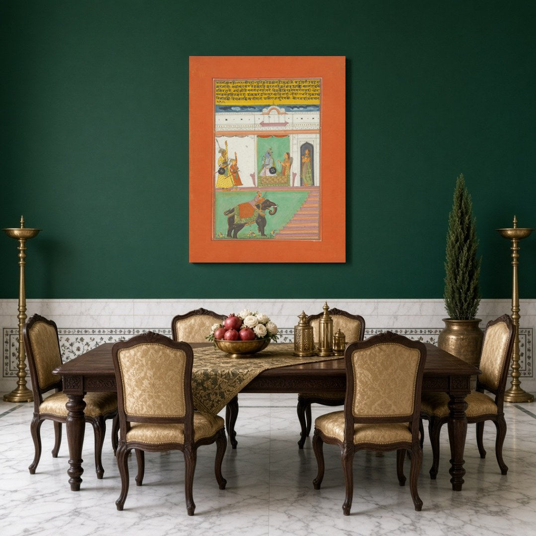 Immerse yourself in the exquisite world of Ragamala art with this captivating portrayal of a for Dining