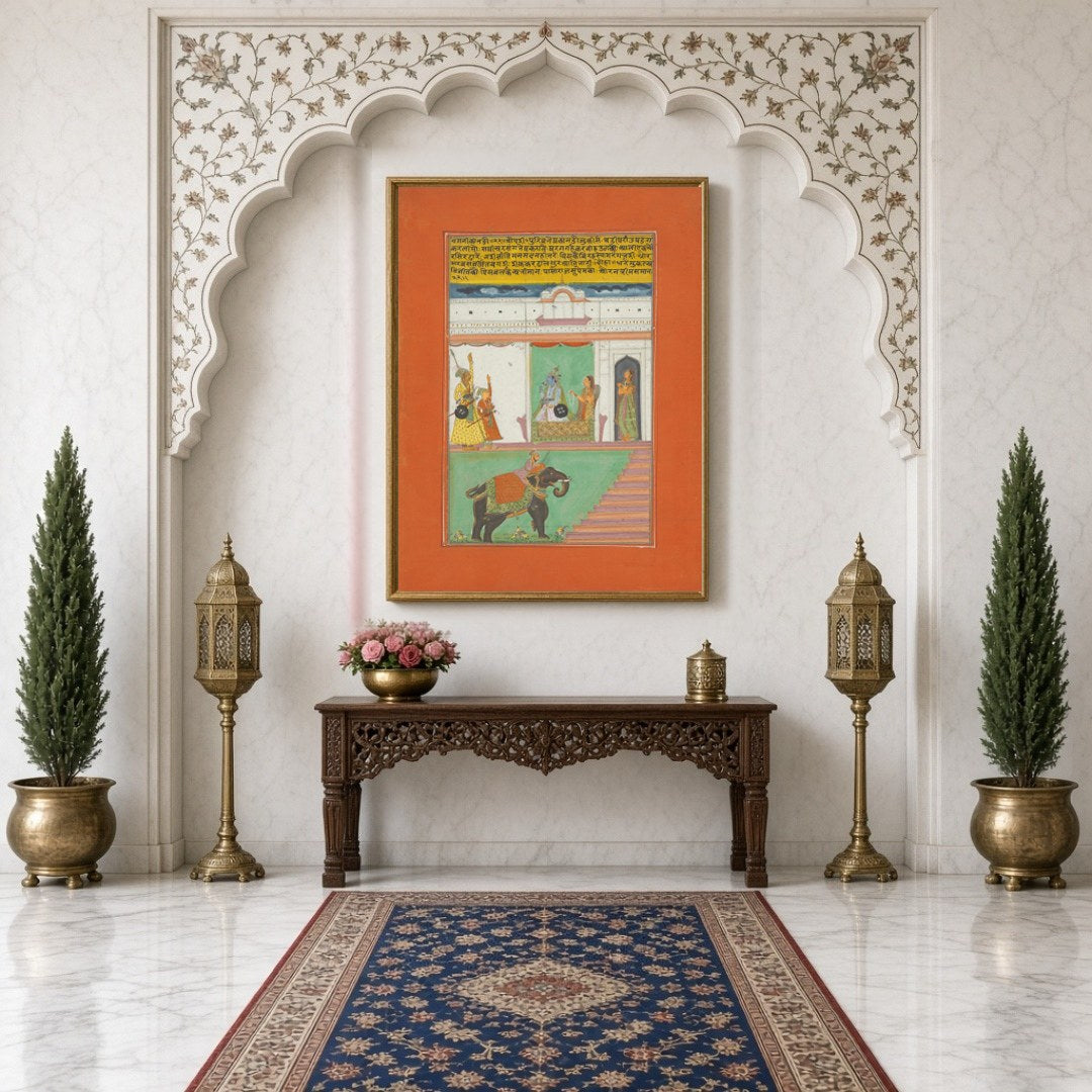 Immerse yourself in the exquisite world of Ragamala art with this captivating portrayal of a for Hallway