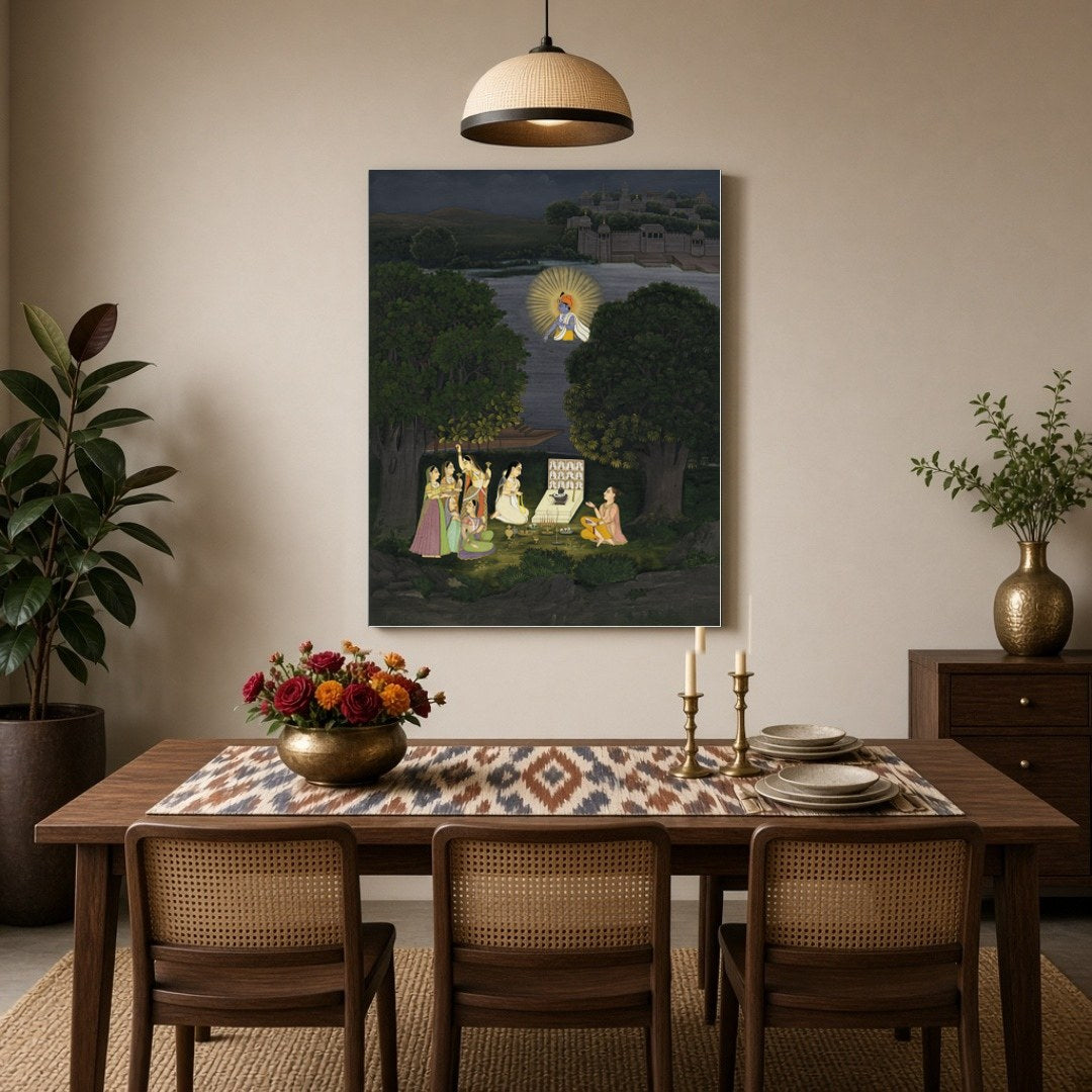 Immerse yourself in the mystique of this evocative scene depicting nocturnal worship of the for Dining