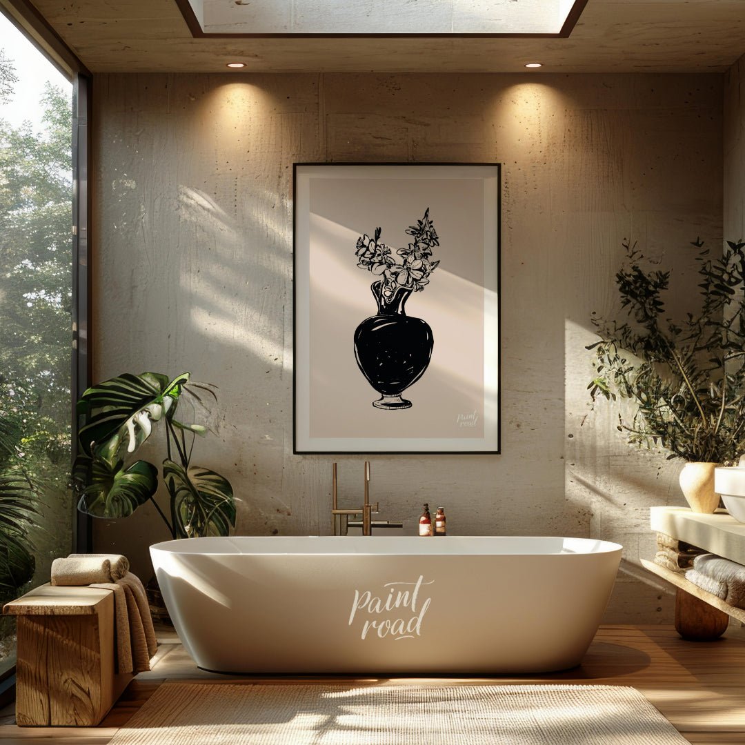 This elegant digital illustration features a black vase filled with delicate flowers, rendered in a… for bathroom