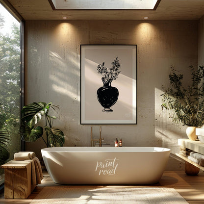 This elegant digital illustration features a black vase filled with delicate flowers, rendered in a… for bathroom