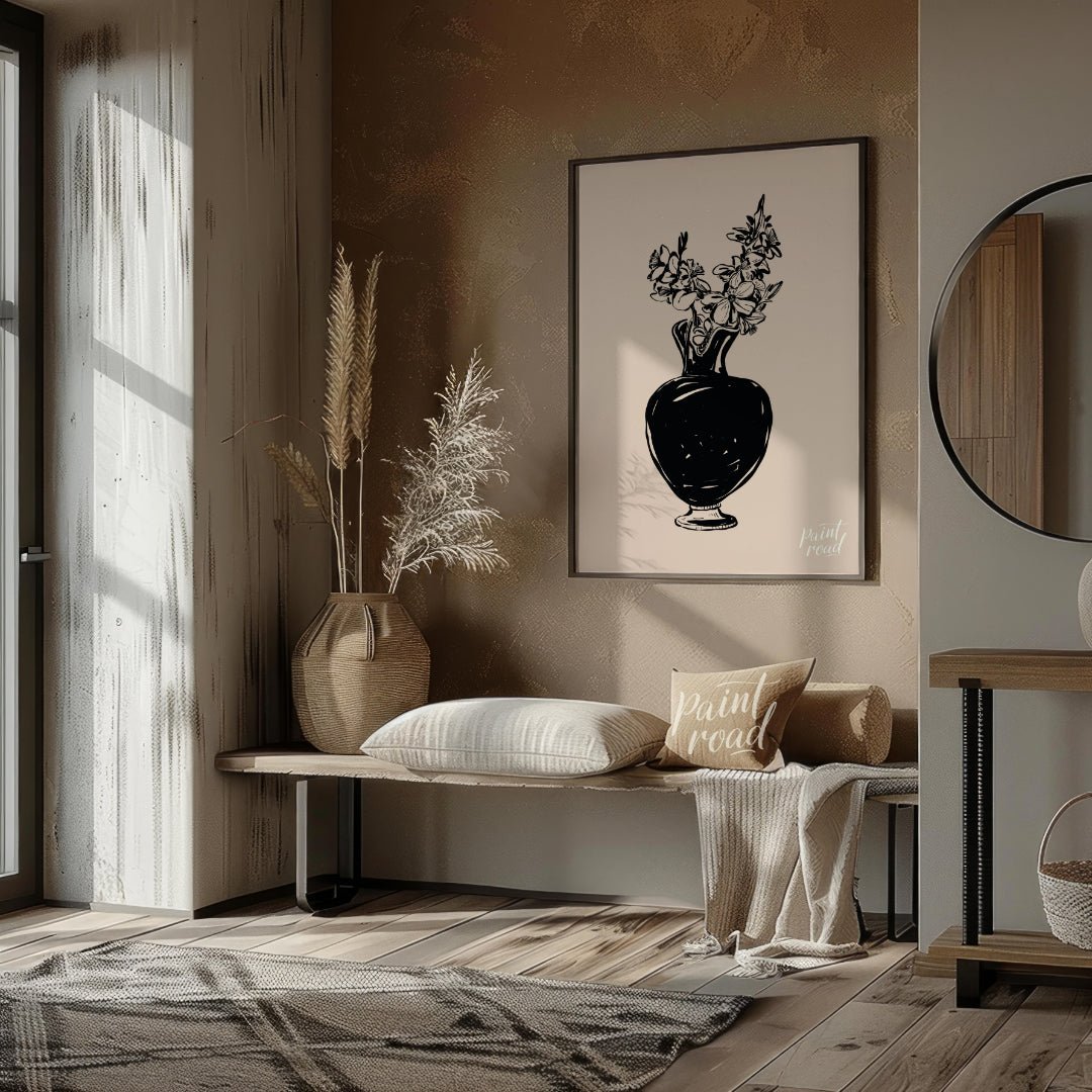 This elegant digital illustration features a black vase filled with delicate flowers, rendered in a… for entryway