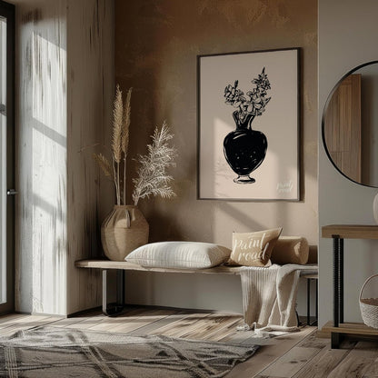 This elegant digital illustration features a black vase filled with delicate flowers, rendered in a… for entryway