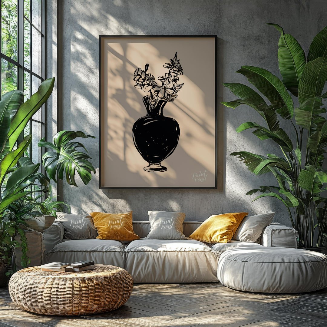 This elegant digital illustration features a black vase filled with delicate flowers, rendered in a… for living room