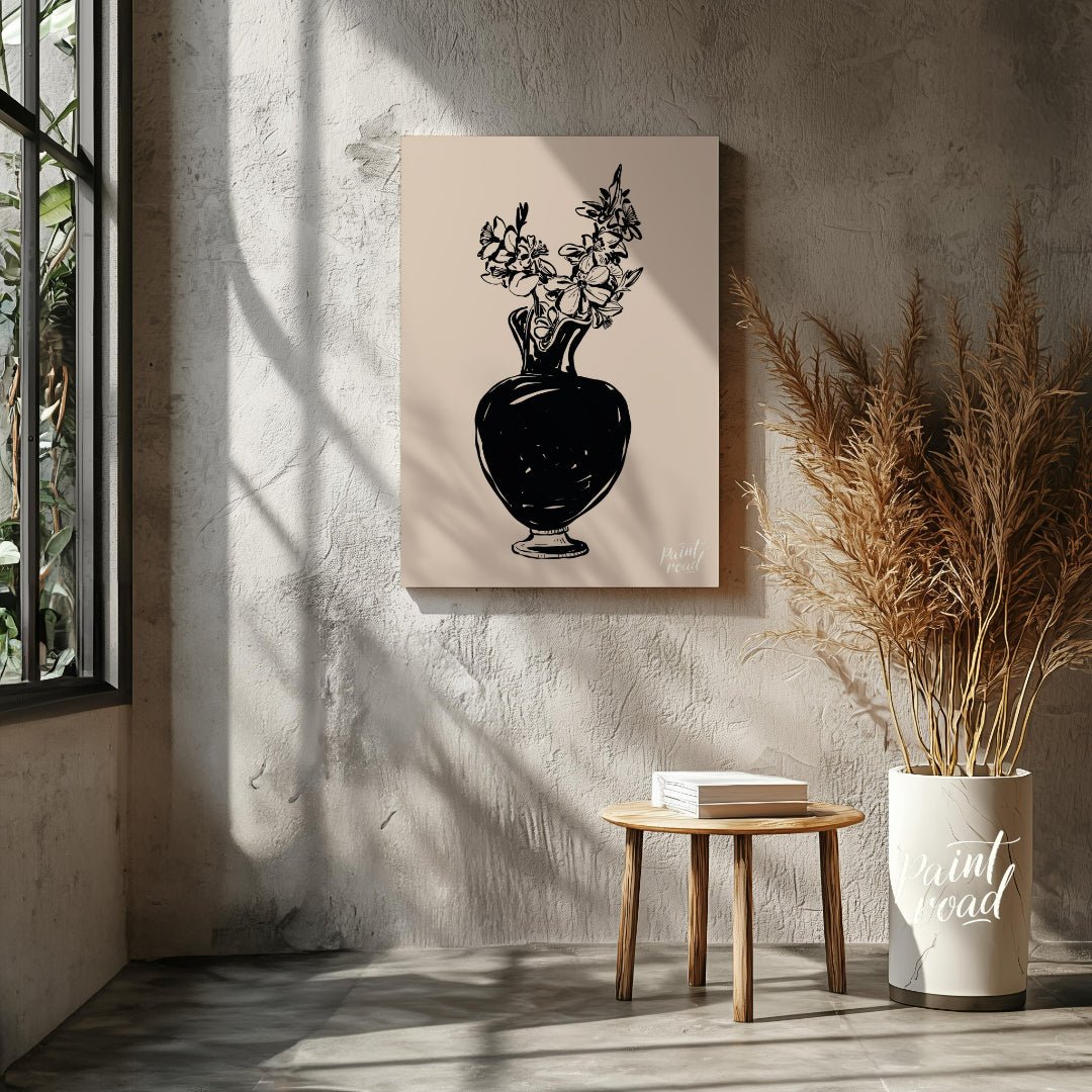This elegant digital illustration features a black vase filled with delicate flowers, rendered in a… for living room