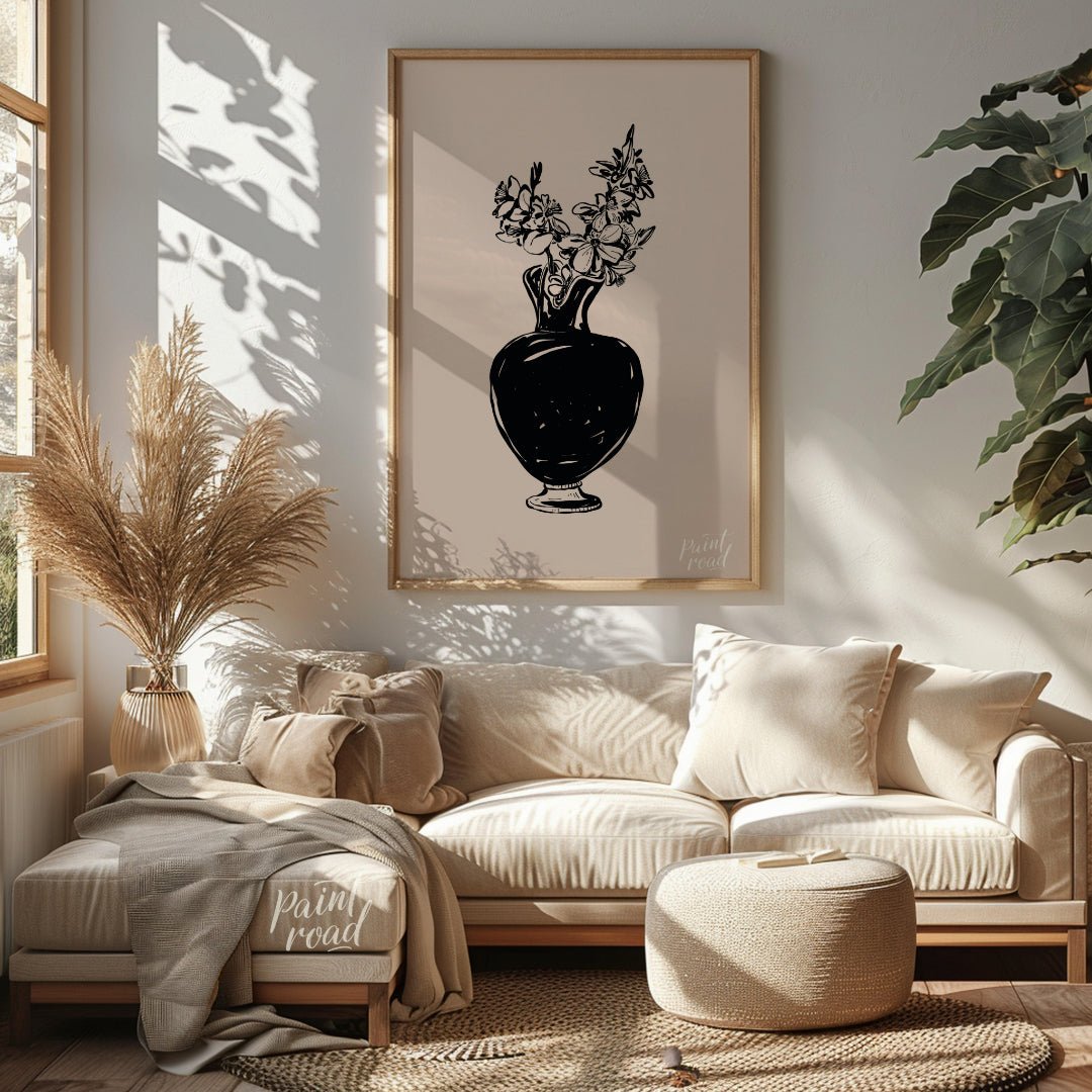 This elegant digital illustration features a black vase filled with delicate flowers, rendered in a… for living room