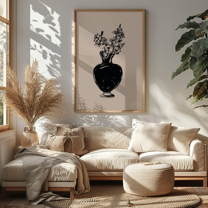 This elegant digital illustration features a black vase filled with delicate flowers, rendered in a… for living room