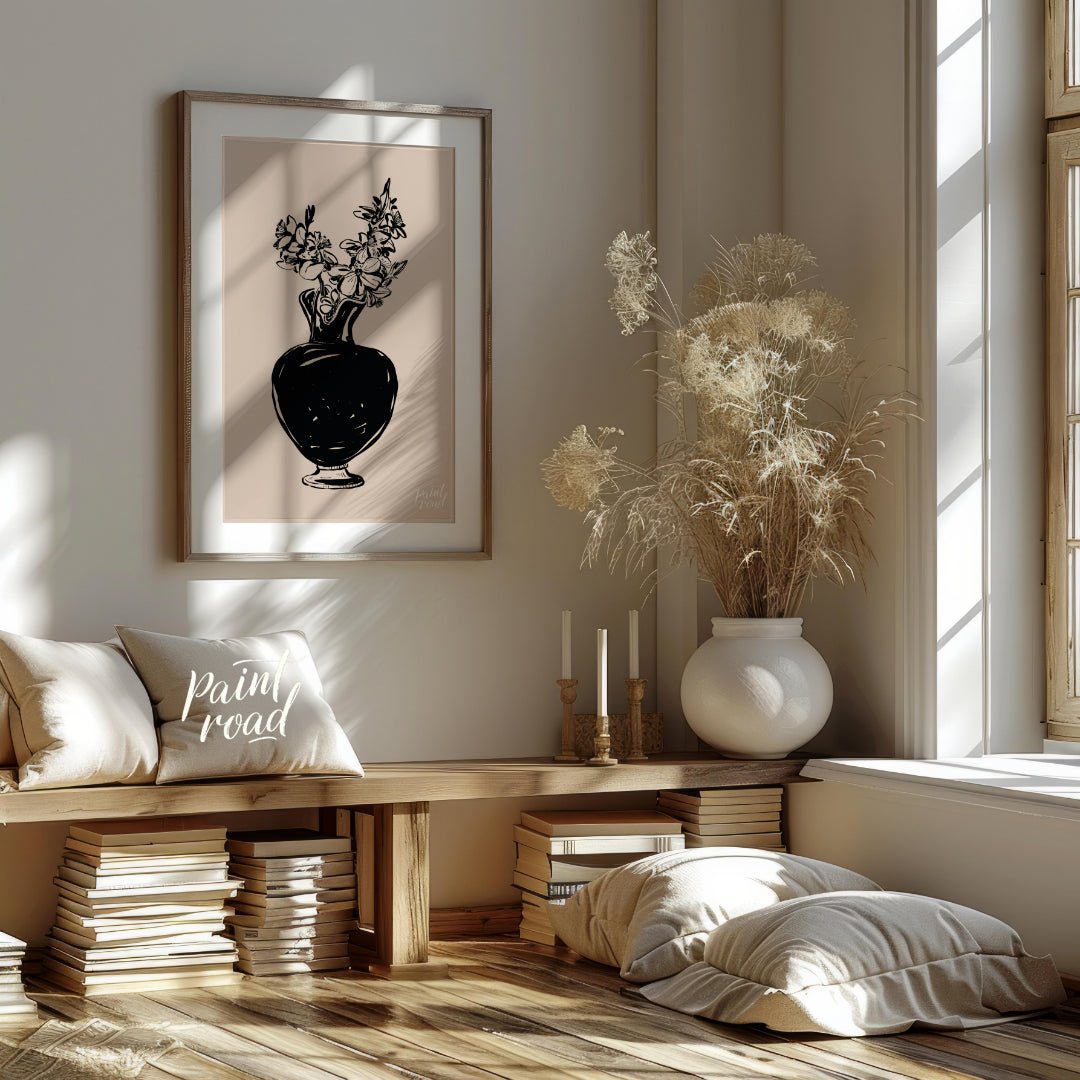 This elegant digital illustration features a black vase filled with delicate flowers, rendered in a… for living room