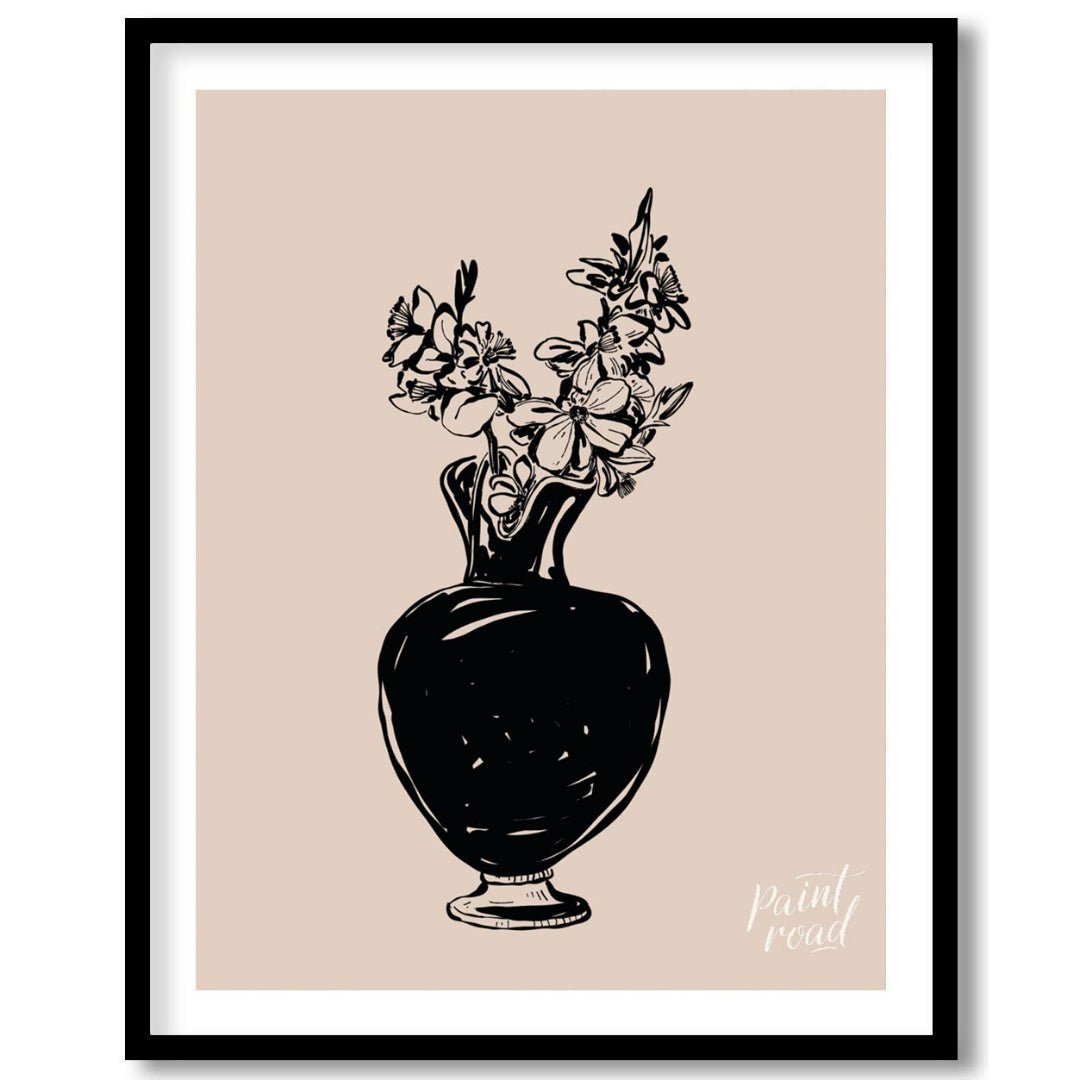 This elegant digital illustration features a black vase filled with delicate flowers, rendered in a… for sweet home