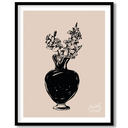 This elegant digital illustration features a black vase filled with delicate flowers, rendered in a… for sweet home