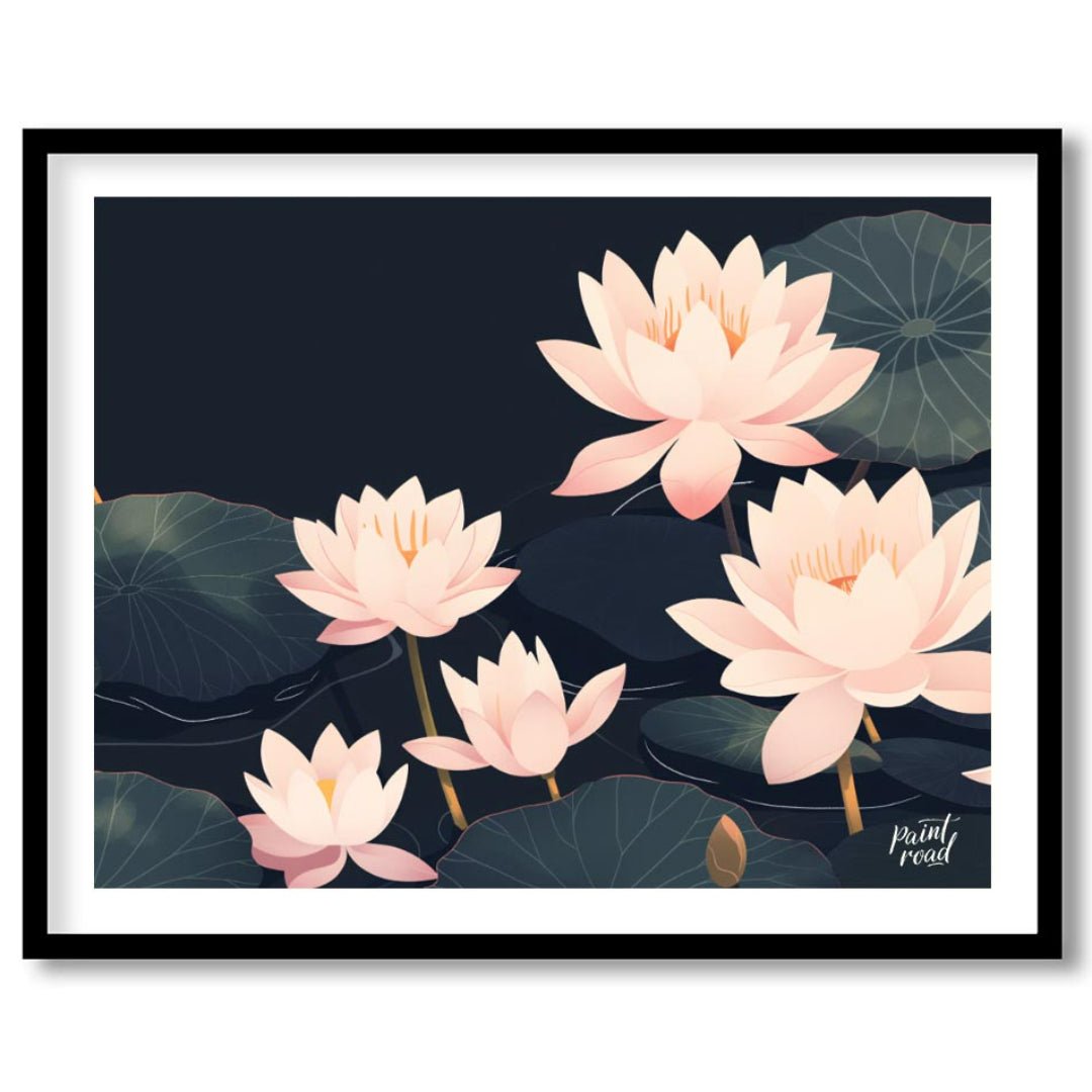 This elegant digital illustration features stylized lotus flowers in soft pink tones against a deep… for bedroom