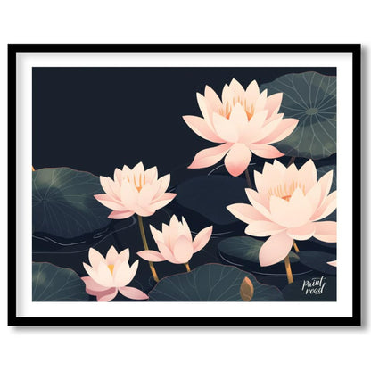 This elegant digital illustration features stylized lotus flowers in soft pink tones against a deep… for bedroom