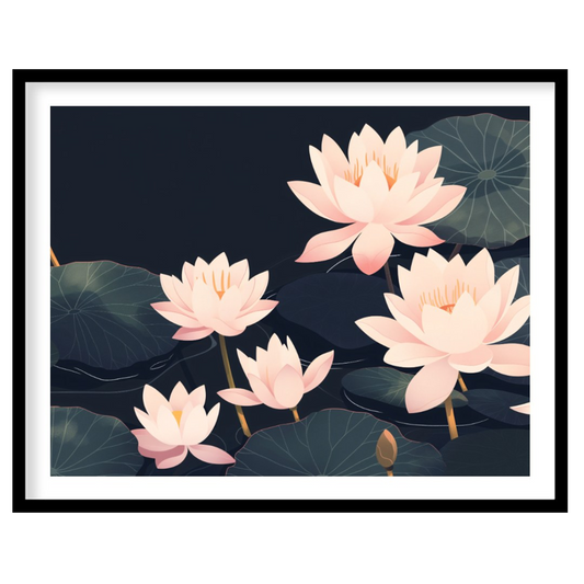 This elegant digital illustration features stylized lotus flowers in soft pink tones against a deep… for bedroom