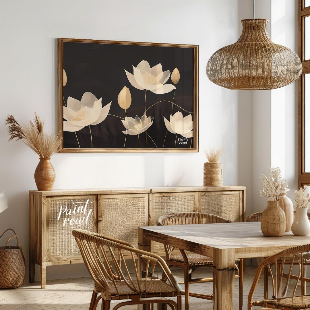 This elegant digital illustration features stylized lotus flowers in soft, pale tones against a dee… for dining room