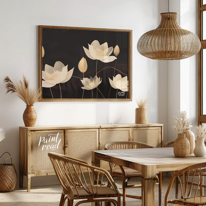 This elegant digital illustration features stylized lotus flowers in soft, pale tones against a dee… for dining room