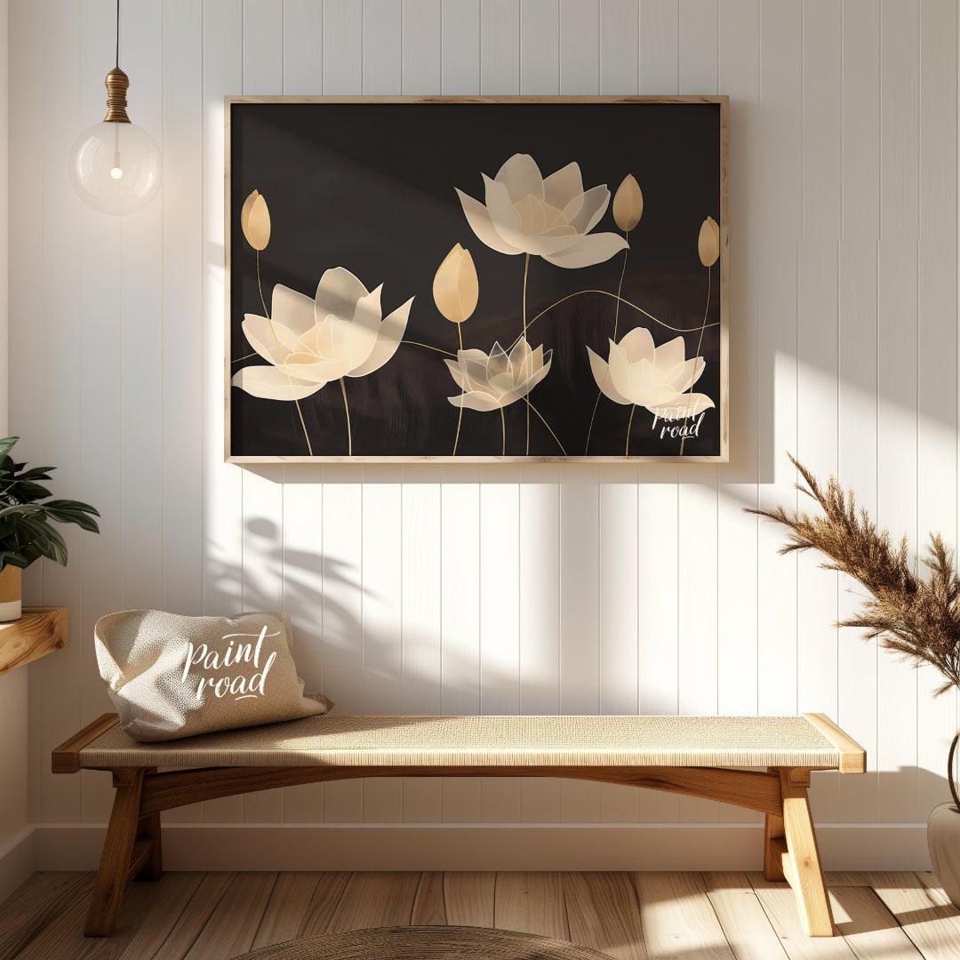 This elegant digital illustration features stylized lotus flowers in soft, pale tones against a dee… for entryway
