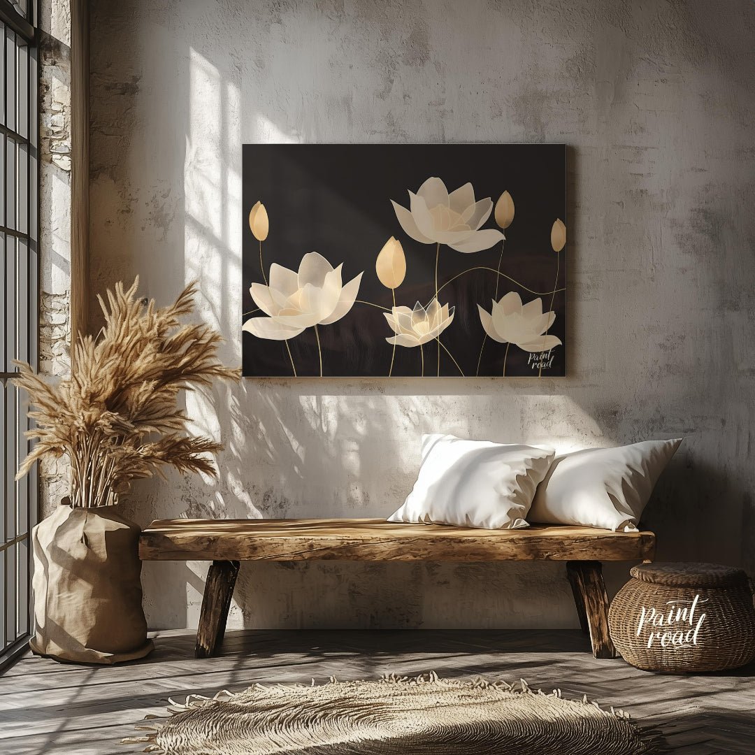 This elegant digital illustration features stylized lotus flowers in soft, pale tones against a dee… for entryway