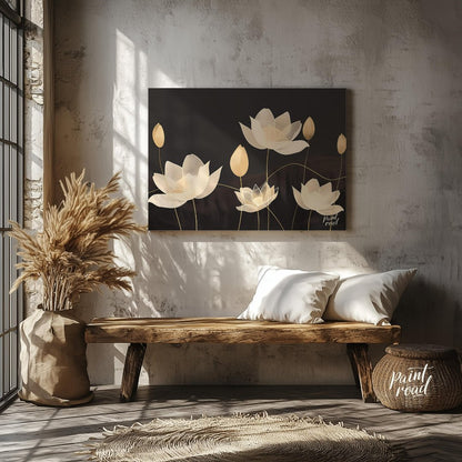 This elegant digital illustration features stylized lotus flowers in soft, pale tones against a dee… for entryway