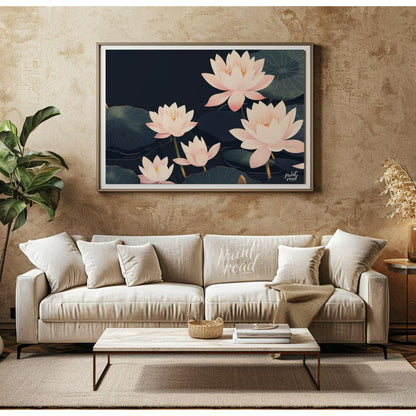 This elegant digital illustration features stylized lotus flowers in soft pink tones against a deep… for living room