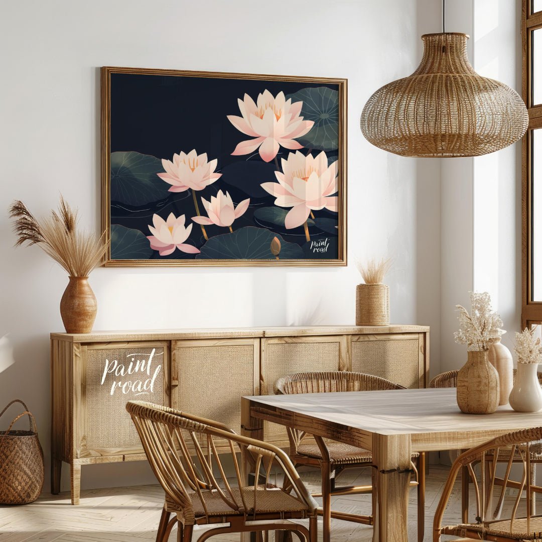 This elegant digital illustration features stylized lotus flowers in soft pink tones against a deep… for dining room