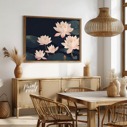 This elegant digital illustration features stylized lotus flowers in soft pink tones against a deep… for dining room