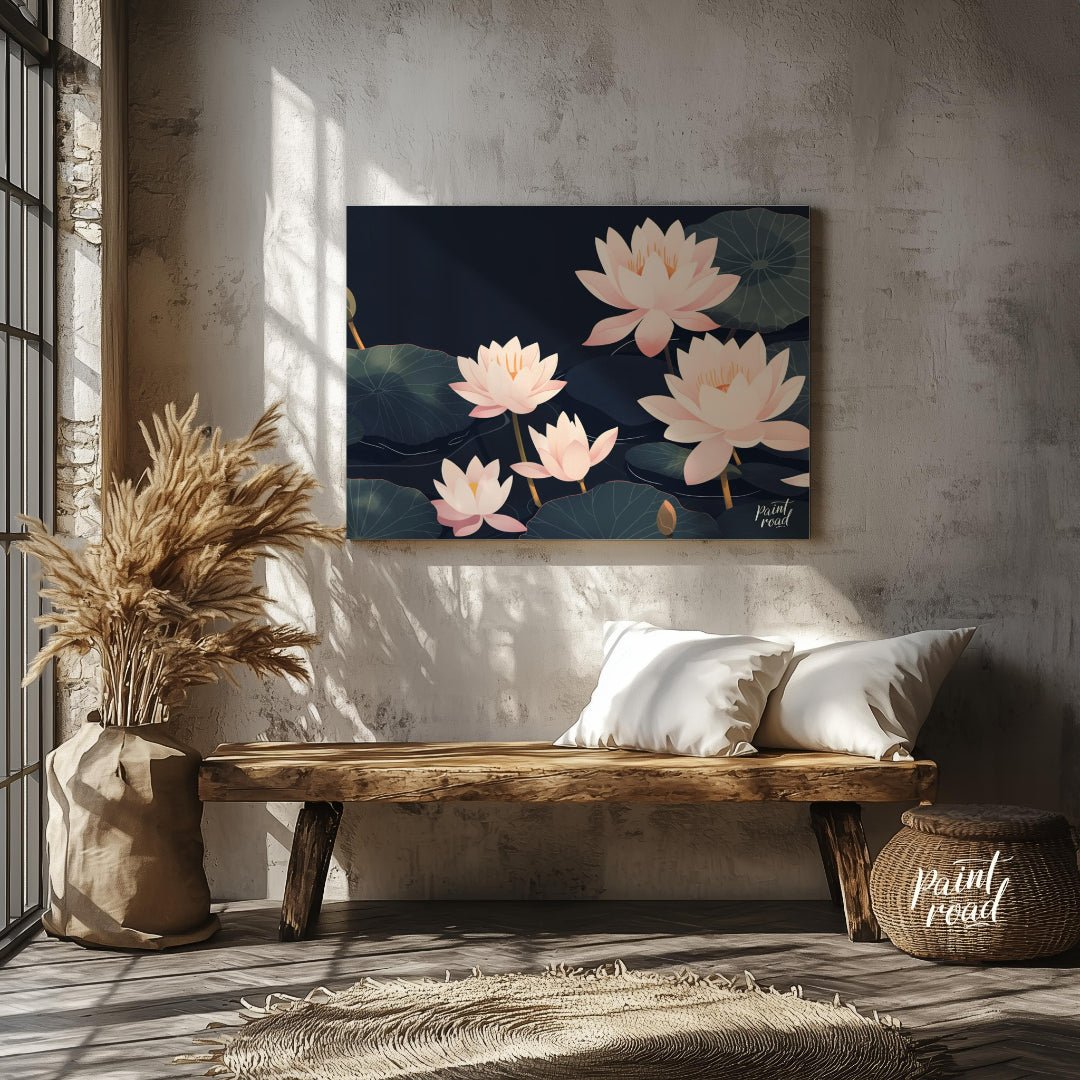 This elegant digital illustration features stylized lotus flowers in soft pink tones against a deep… for entryway