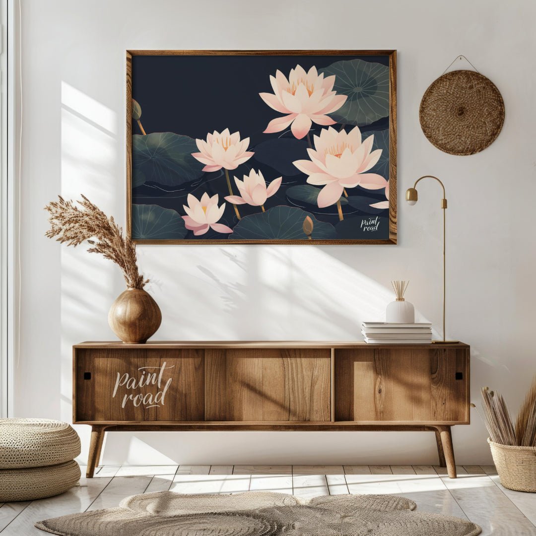 This elegant digital illustration features stylized lotus flowers in soft pink tones against a deep… for living room