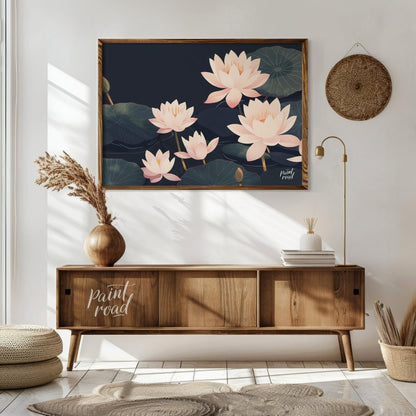This elegant digital illustration features stylized lotus flowers in soft pink tones against a deep… for living room