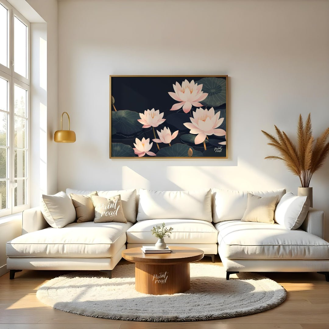 This elegant digital illustration features stylized lotus flowers in soft pink tones against a deep… for living room