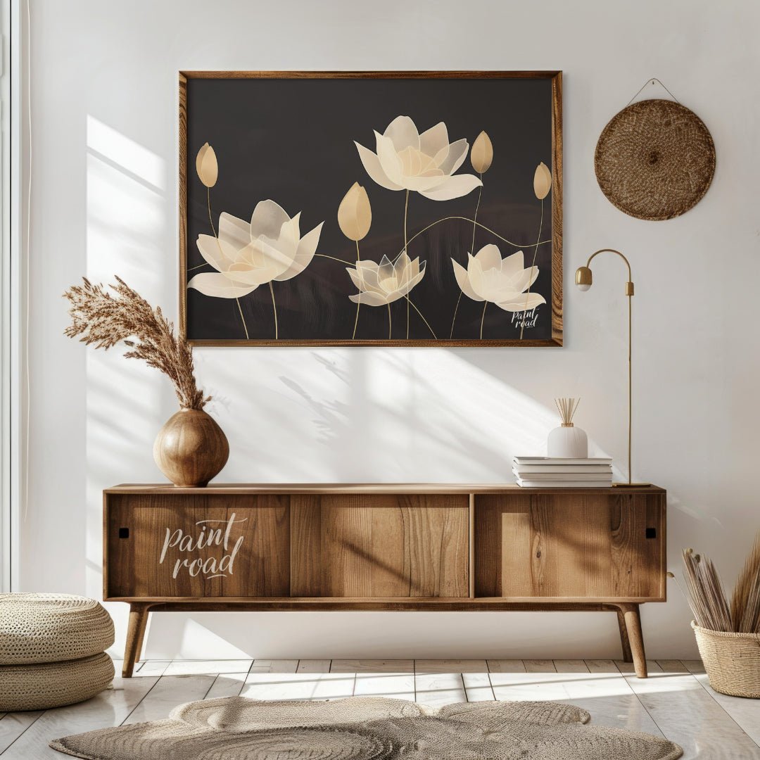 This elegant digital illustration features stylized lotus flowers in soft, pale tones against a dee… for living room