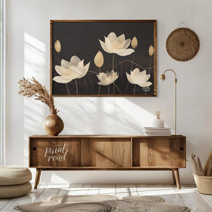 This elegant digital illustration features stylized lotus flowers in soft, pale tones against a dee… for living room