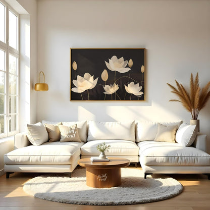 This elegant digital illustration features stylized lotus flowers in soft, pale tones against a dee… for living room