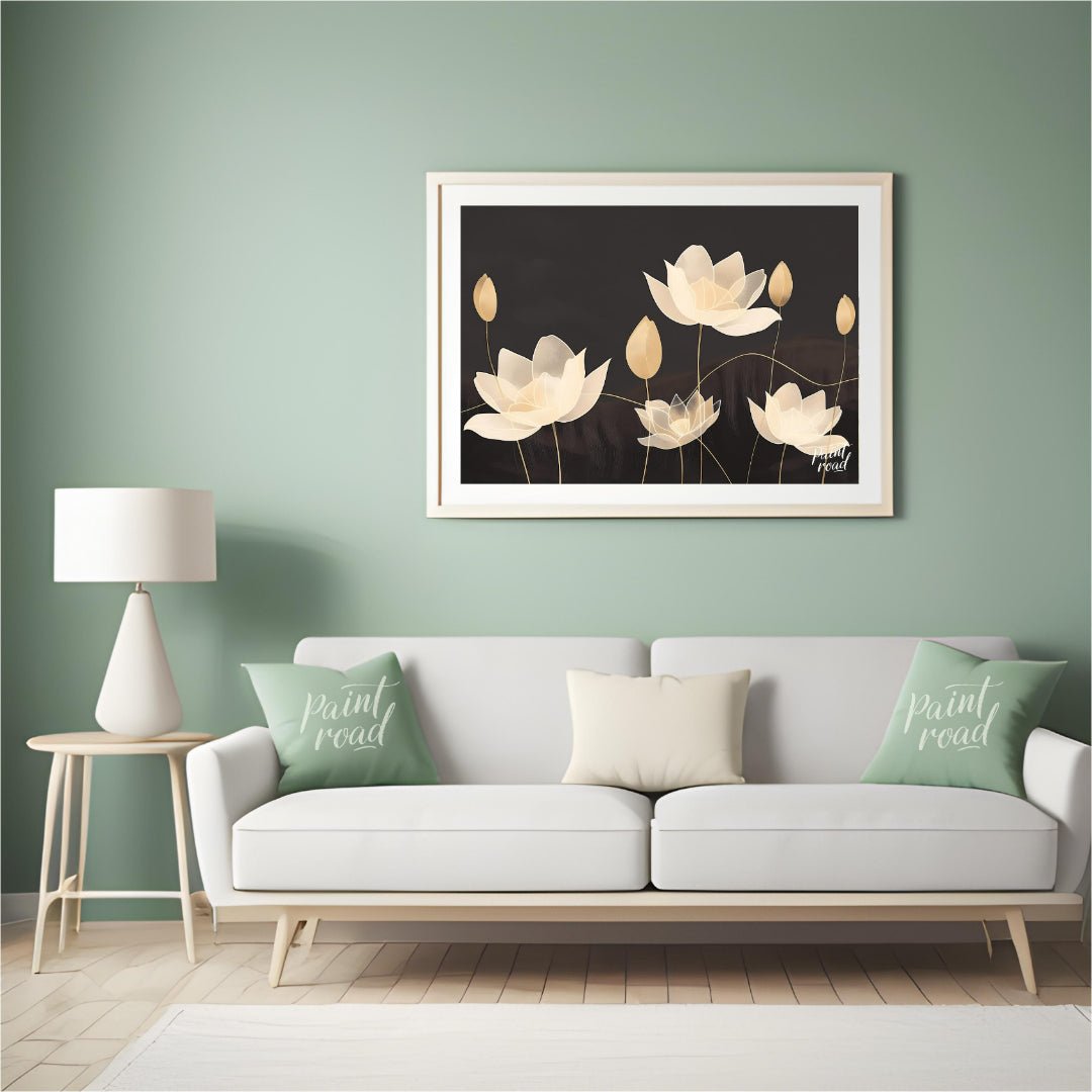 This elegant digital illustration features stylized lotus flowers in soft, pale tones against a dee… for living room