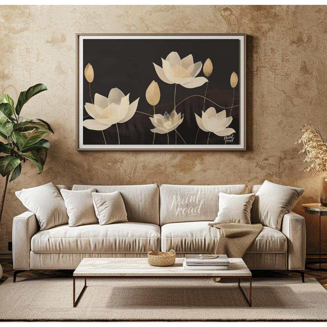 This elegant digital illustration features stylized lotus flowers in soft, pale tones against a dee… for living room
