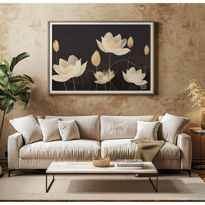 This elegant digital illustration features stylized lotus flowers in soft, pale tones against a dee… for living room