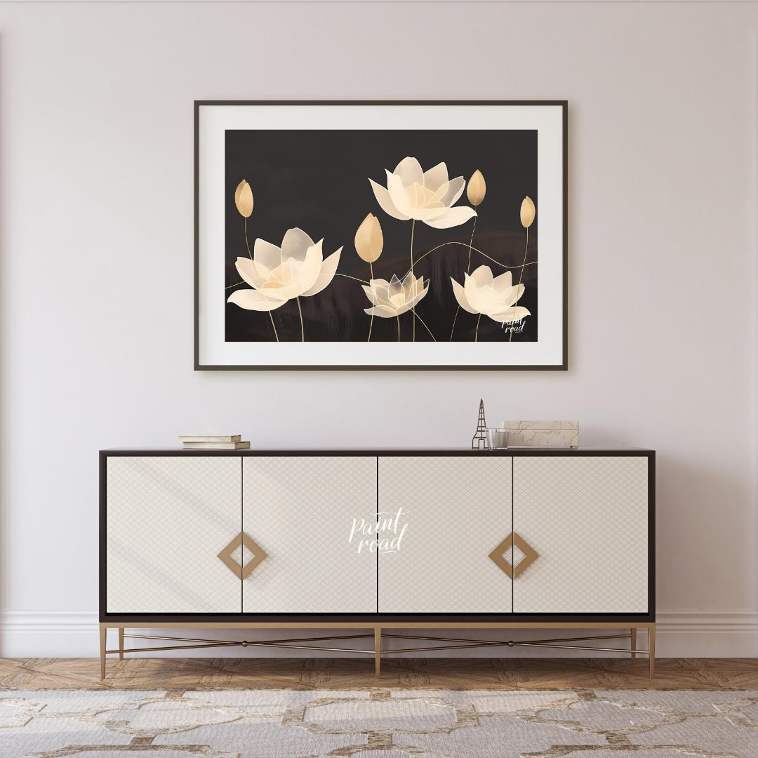 This elegant digital illustration features stylized lotus flowers in soft, pale tones against a dee… for living room