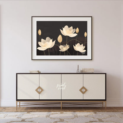 This elegant digital illustration features stylized lotus flowers in soft, pale tones against a dee… for living room