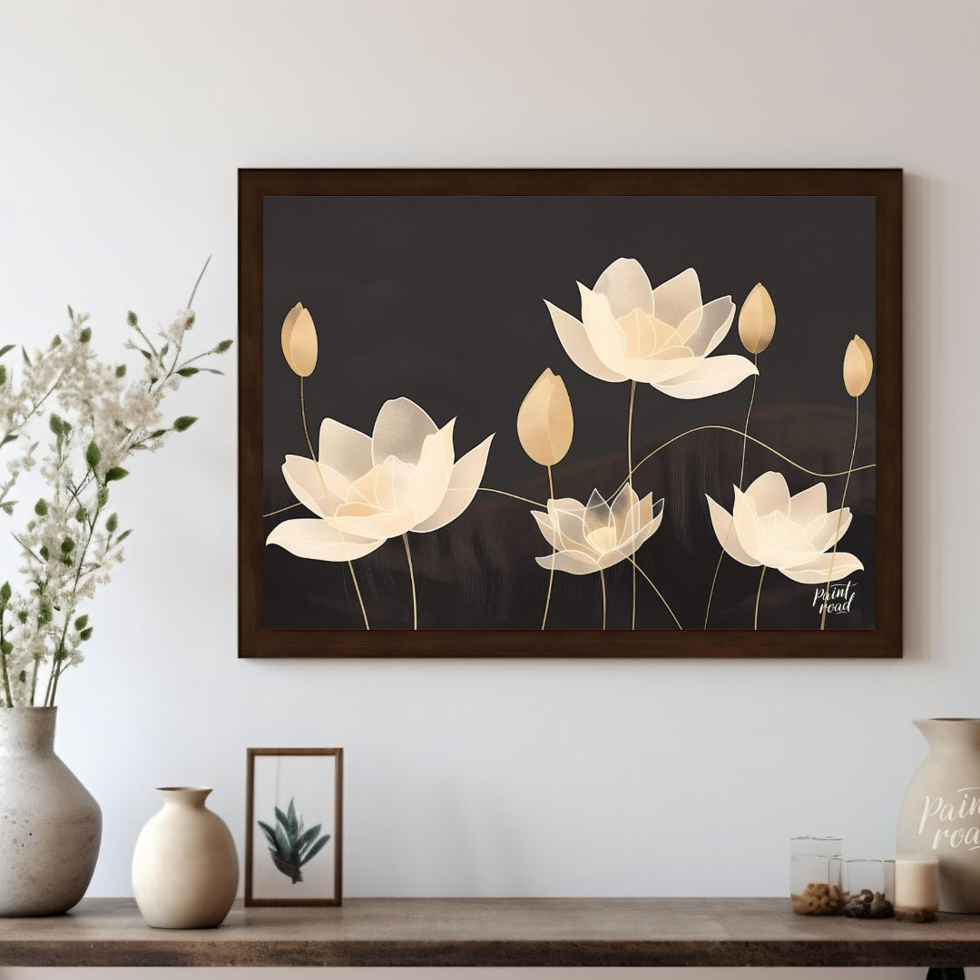 This elegant digital illustration features stylized lotus flowers in soft, pale tones against a dee… for living room
